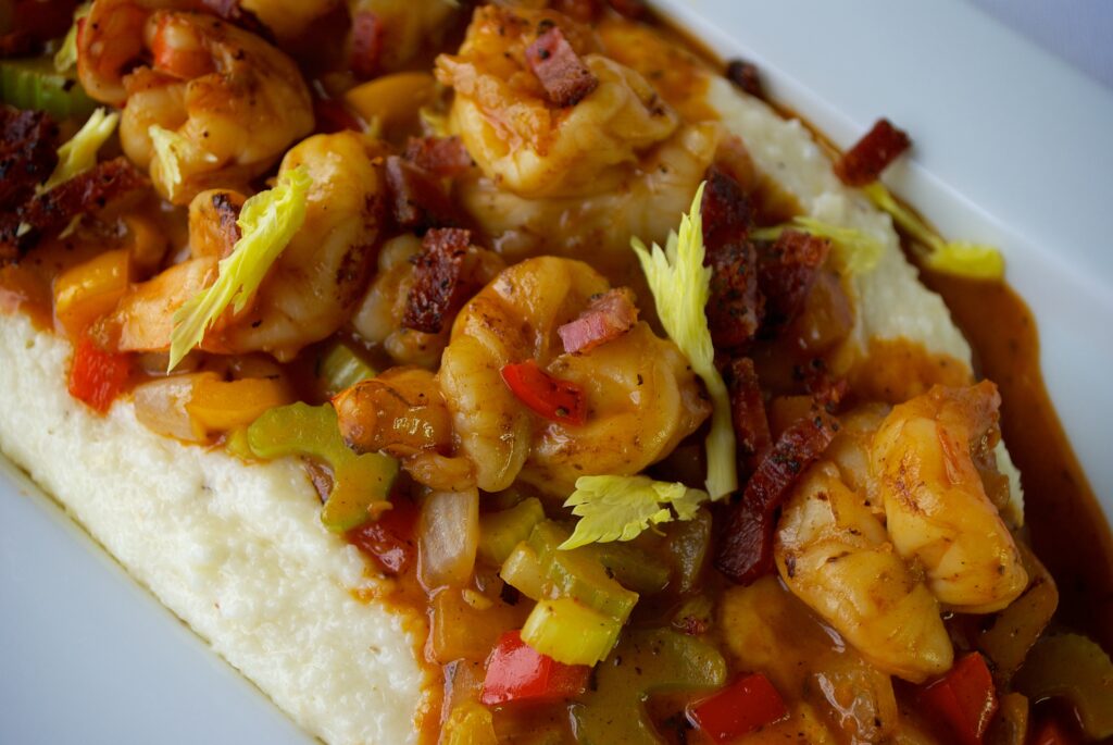 Shrimp and grits served Southern-style with rich, soulful seasoning.