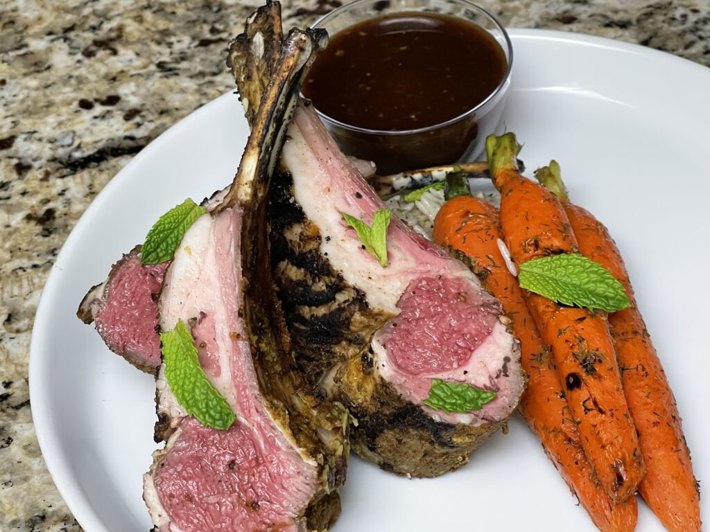 Moroccan spiced lamb chops served with chickpea stew and grilled carrots.