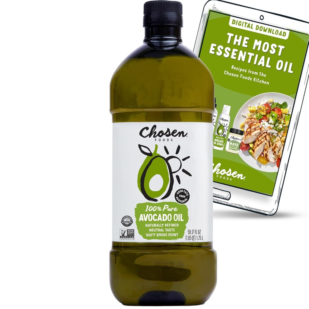 “Avocado oil bottle — high-heat neutral cooking oil for searing and frying.”